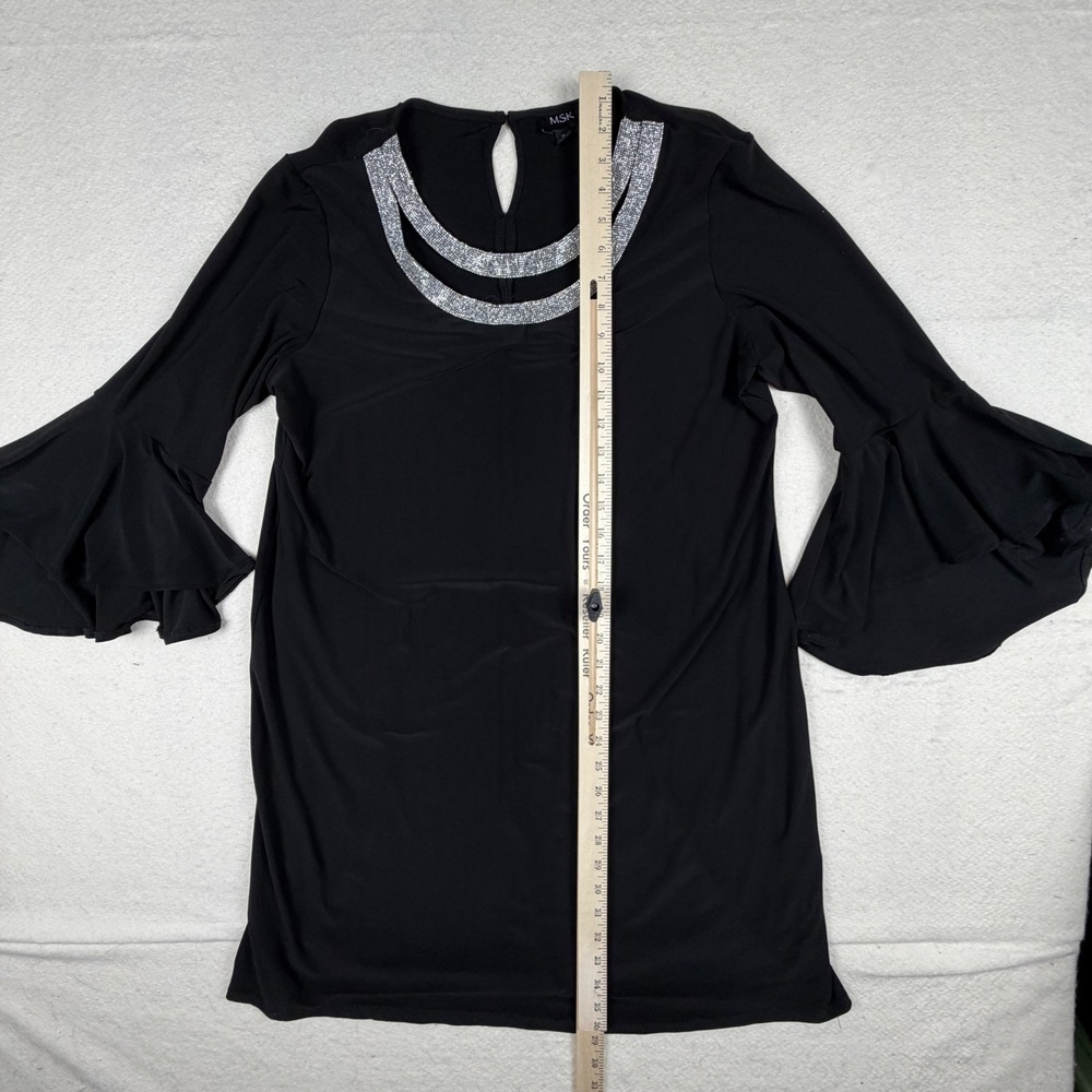 MSK Black Shift Dress Rhinestone Neckline Bell Sleeve Cocktail XL RN 90714 - Picture 4 of 7
